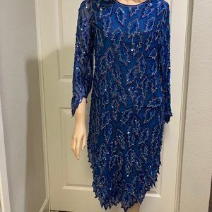 Graceful Radiance! Sapphire Blue Silk Sequin dress. Leaf pattern. Size 6